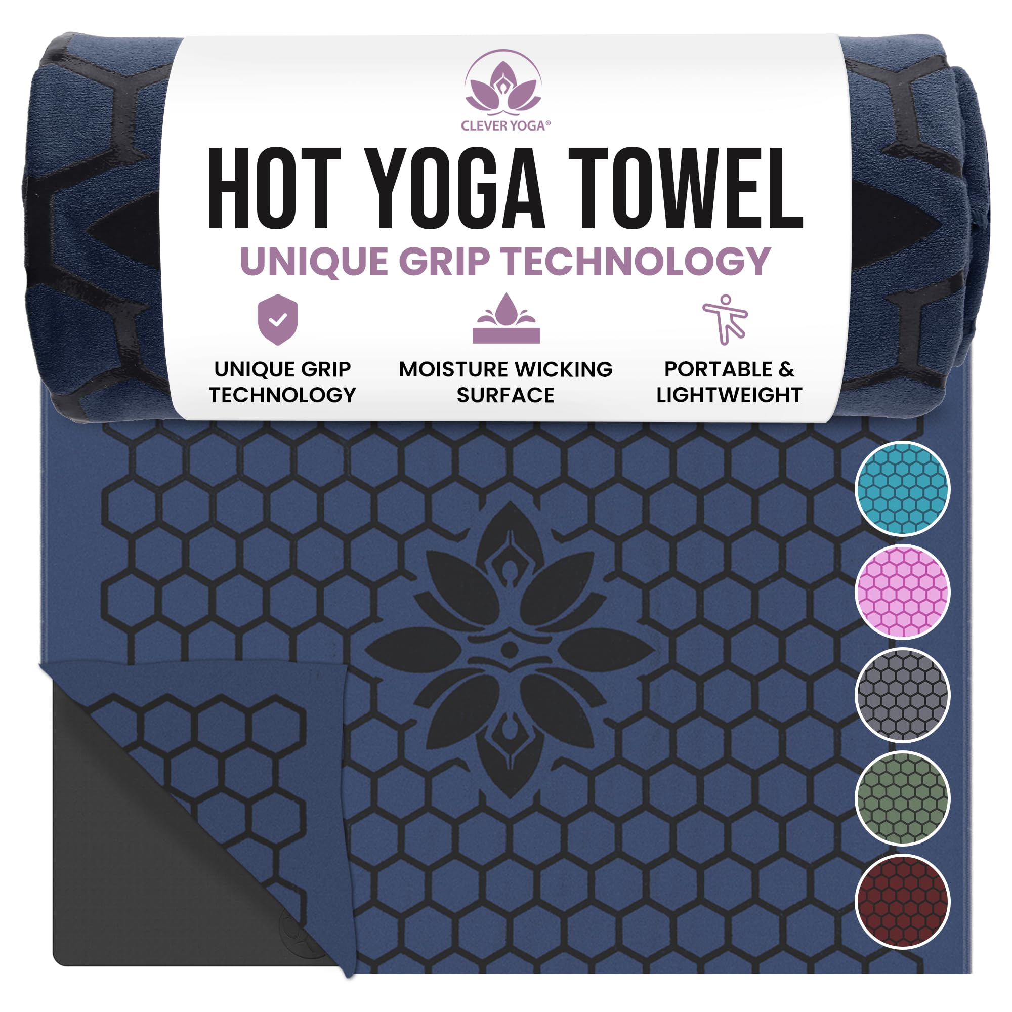 Clever Yoga Non-Slip Hot Yoga Mat Towel - Grippy Double Sided Suede Microfiber - Multifunctional - No Slip - Dark Blue