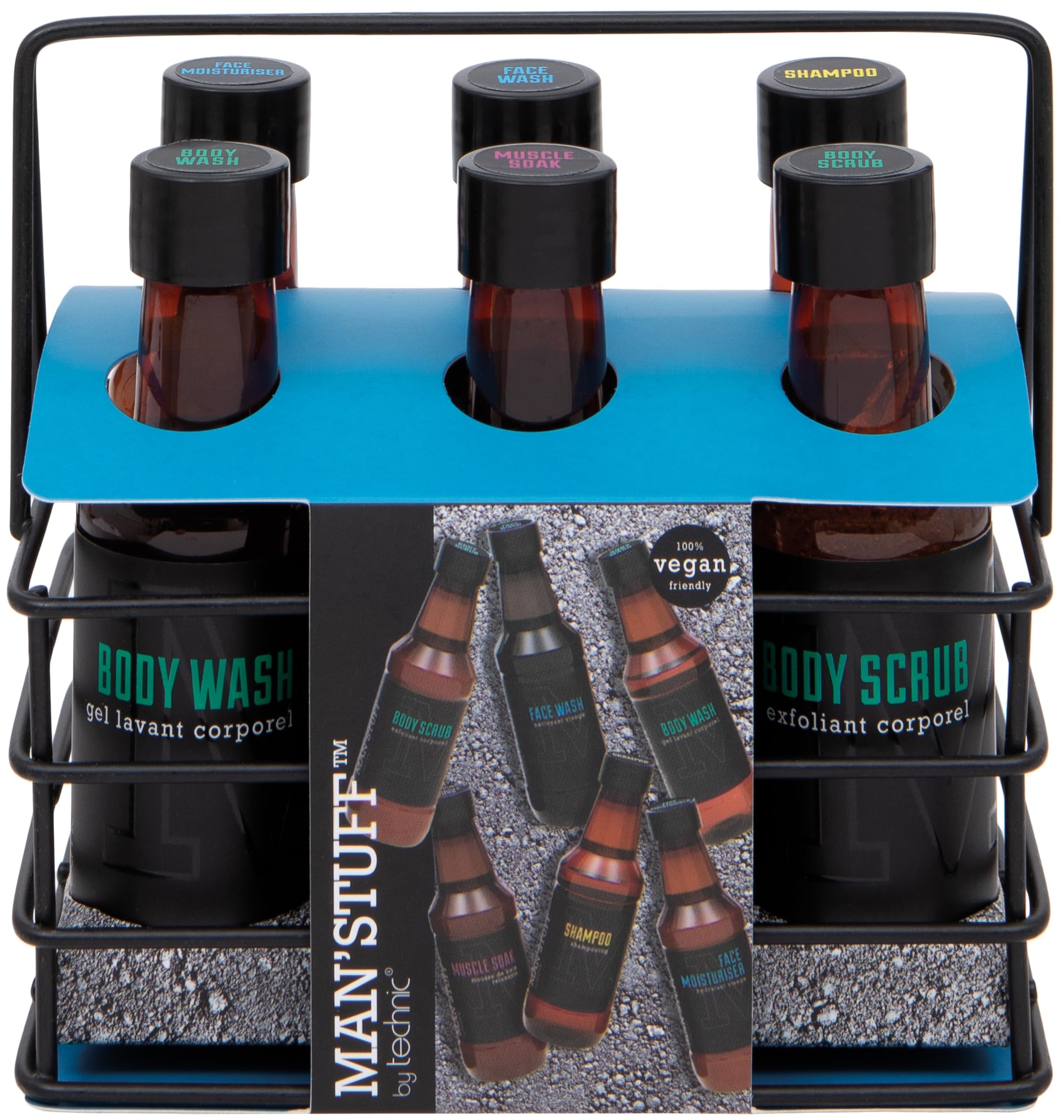 Man Stuff The 6 Pack Mens Shower & Body Wash Essential Toiletries Set with Caddy