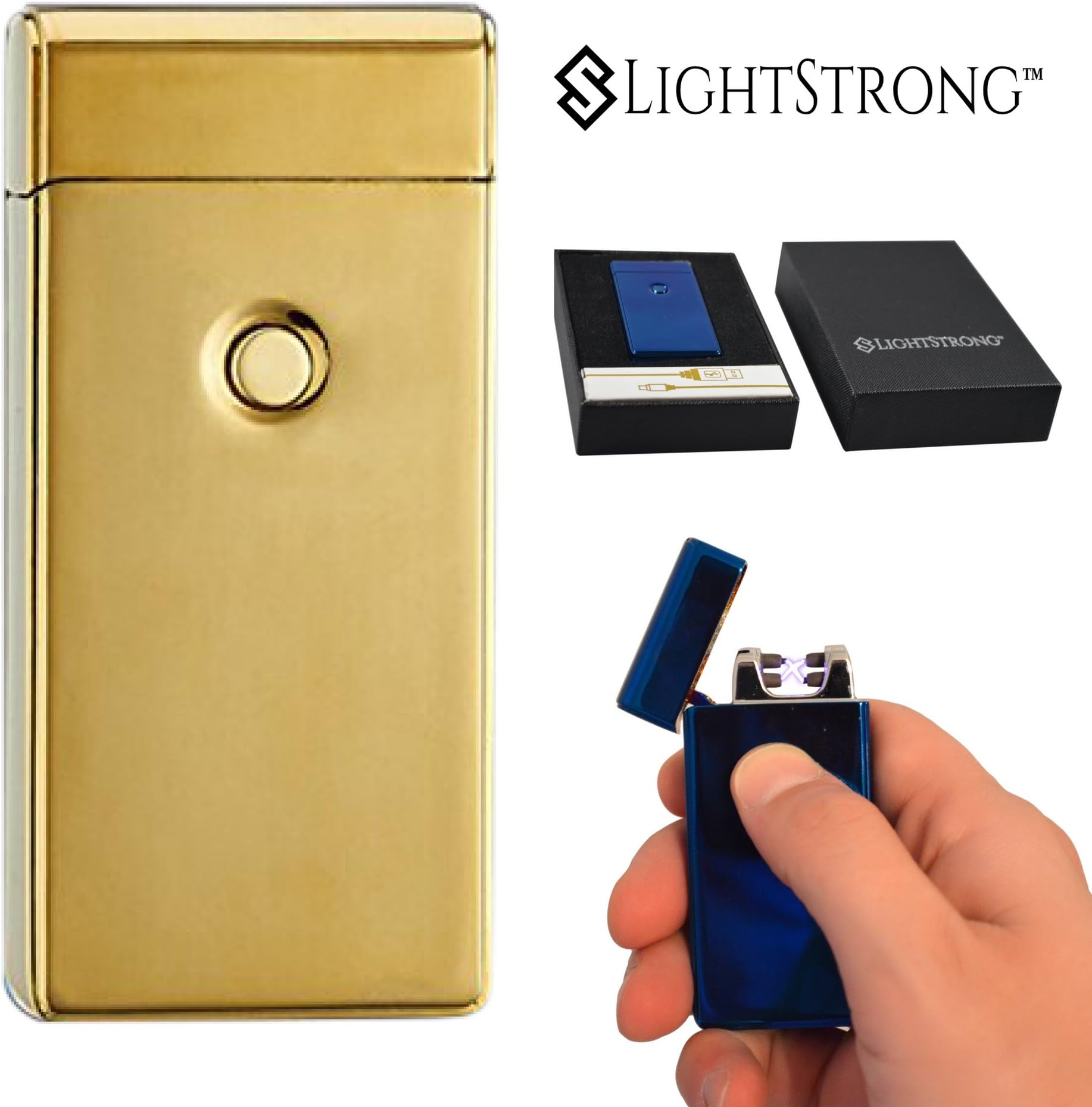 LightStrong Electronic Windproof Lighter - Dual Arc, USB Rechargeable. Elegant Gift Box and USB Cable Included (Solid Gold)
