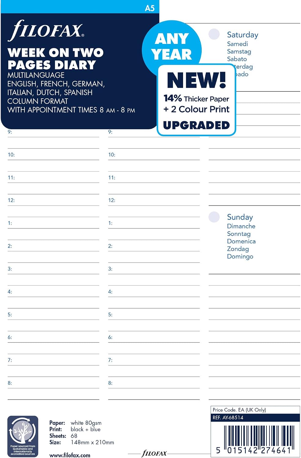 Filofax A5 week to view any year undated diary,White