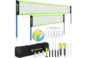 OLYBEAKA Outdoor Volleyball & Badminton Combo Net Set for Backyard, Beach with 2 Nets, Adjustable Poles, 4 Aluminum Rackets, PU Volleyball, Portable Carry Bag
