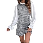 SHENHE Women's Plaid Tweed Mock Neck Long Sleeve A Line Short Dress Business Casual Dress
