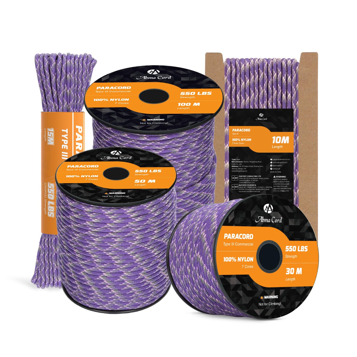 Abma Cord Paracord 550 4mm 50m 100% Nylon Rope Type III 7 Strands Parachute Cord for DIY, Camping, Survival, Outdoor - Max. 250kg - Napa Valley