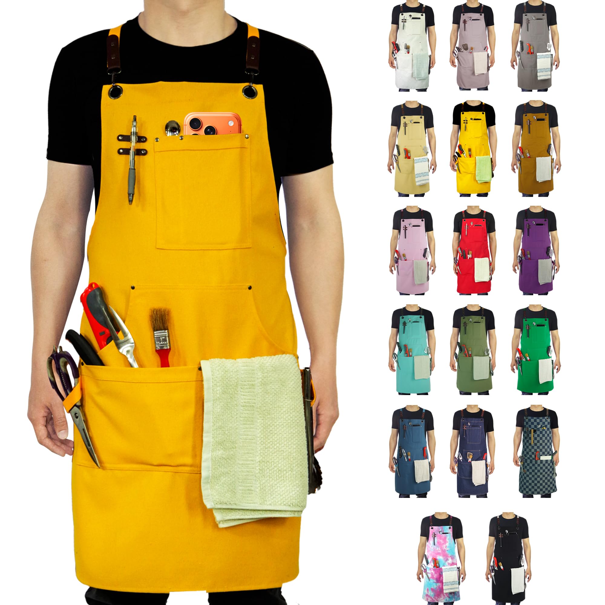 Stenffy Kitchen Apron, Work Apron, Multiple Pockets for Gardening, Artist, Painting, BBQ, Carpenter, Sizes M to XXL, Yellow