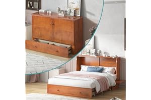 BALUS Murphy Bed Queen with Mattress, Murphy Bed Cabinet with USB Charging Ports & Bedside Panel & Foldable Mattress, Murphy Guest Bed for Bedroom/Guest Room/Apartment - Cherry