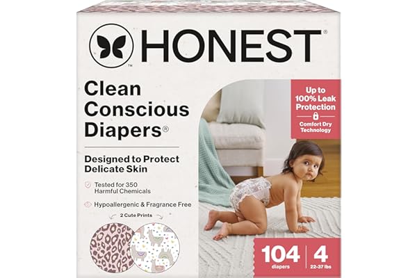The Honest Company Daytime Diapers, All the Alpacas, Size 4, 104ct