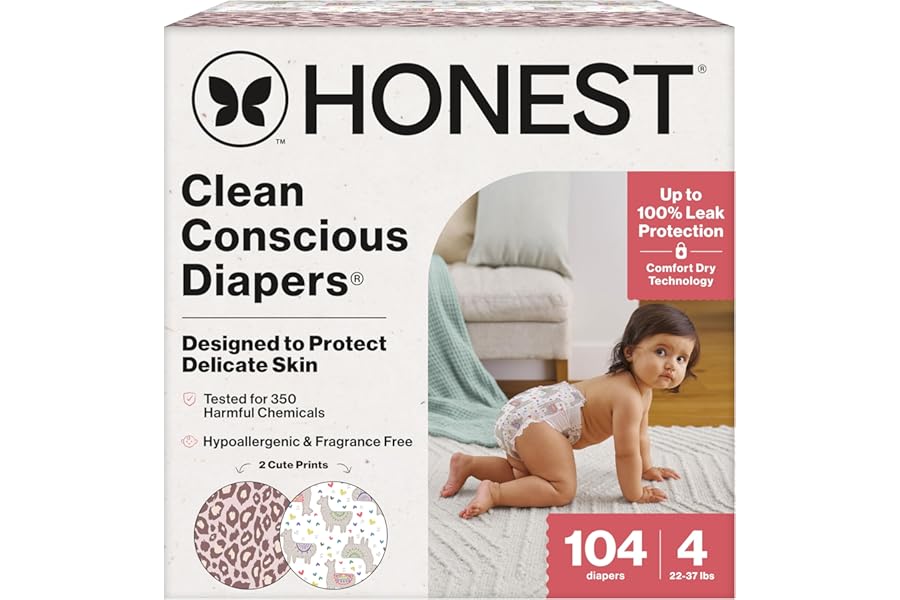 The Honest Company Comfort Dry Disposable Daytime Diapers for Sensitive Skin, Hypoallergenic, Wild Thang + All The Alpacas, S