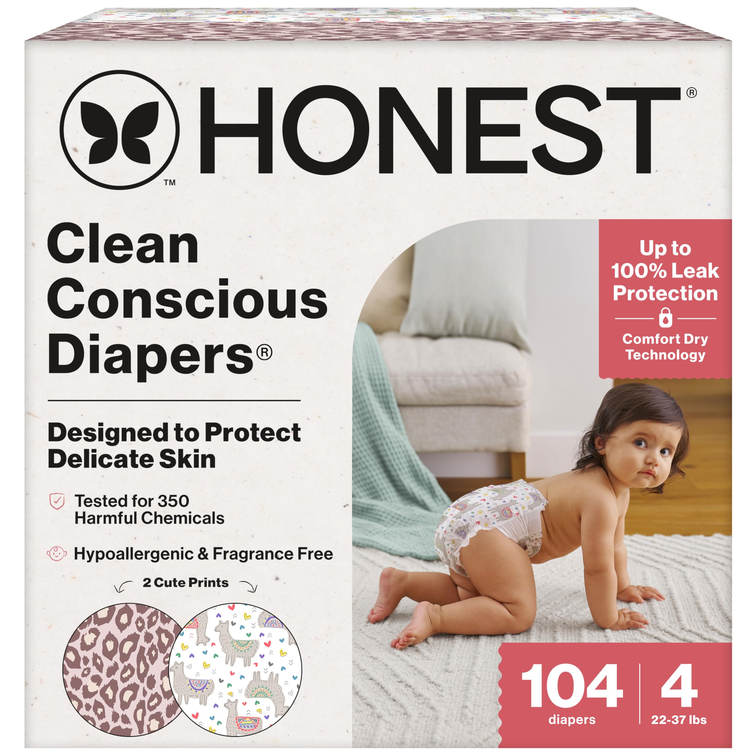Photo 1 of The Honest Company Clean Conscious Diapers for Delicate Skin | Up to 100% Leakproof | Hypoallergenic, Fragrance Free | Girl Prints | Super Club Box, Size 4 (22-37 lbs), 104 Count (Prints May Vary)