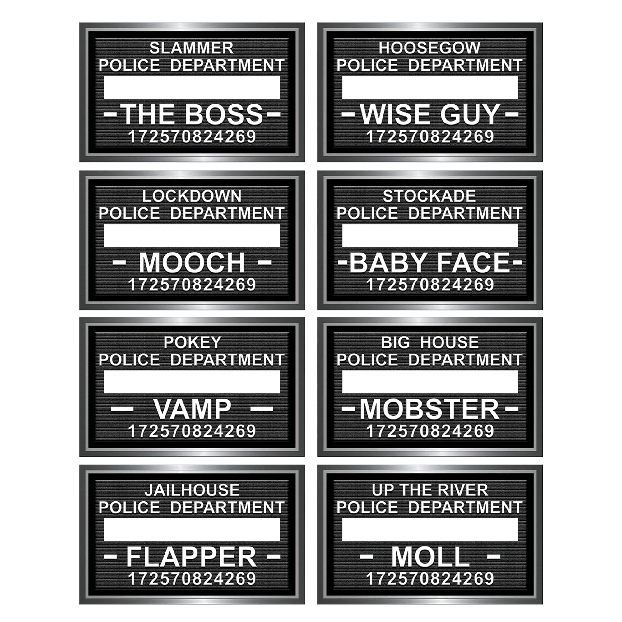 Pack of 8 Speakeasy Mug Shot Photo Fun Signs - Gangster Party Photo Prop Cutouts