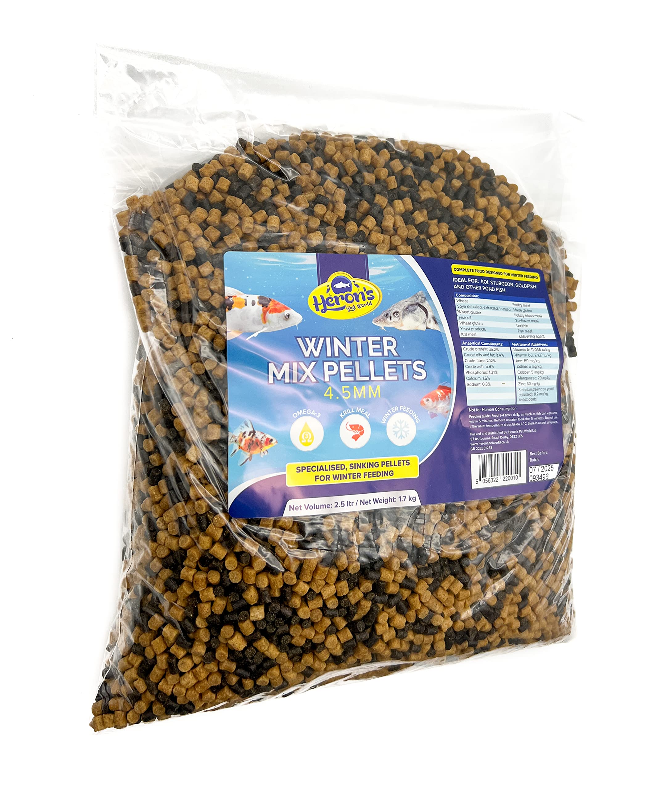 HERONS - Winter Mix Pellets - 4.5 mm Sinking Pellets for Japanese Koi, Goldfish and Other Pond Fish - With OMEGA-3 Complex - Designed for Colder Seasons - Immune Support - 1.7 KG
