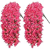 Siyaluens 2Pcs UV Resistant Artificial Flowers for Outdoors, Realistic Faux Silk Bougainvillea Flowers, Fake Hanging Plants for Porch Patio Balcony Decoration (Rose Red)