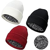 Eurzom 3 Pcs Winter Satin Lined Beanie Hat Men Women Warm Cap Cuffed Plain Satin Hat Winter Knit Slouchy Cap with Lining