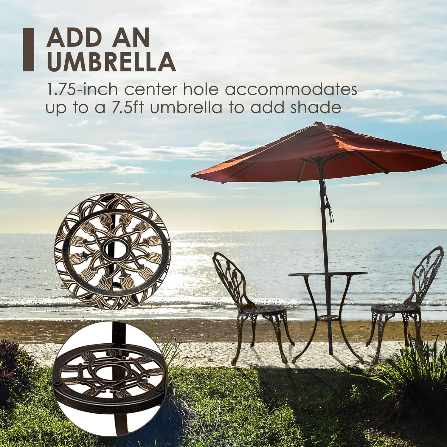 Jardin de panda Bistro Table Set, Outrora 3 Piece Outdoor Patio Set Rust-Resistant Cast Aluminum Tulip Design Outdoor Table and Chairs Furniture with Umbrella Hole (Antique Copper): Garden & Outdoor