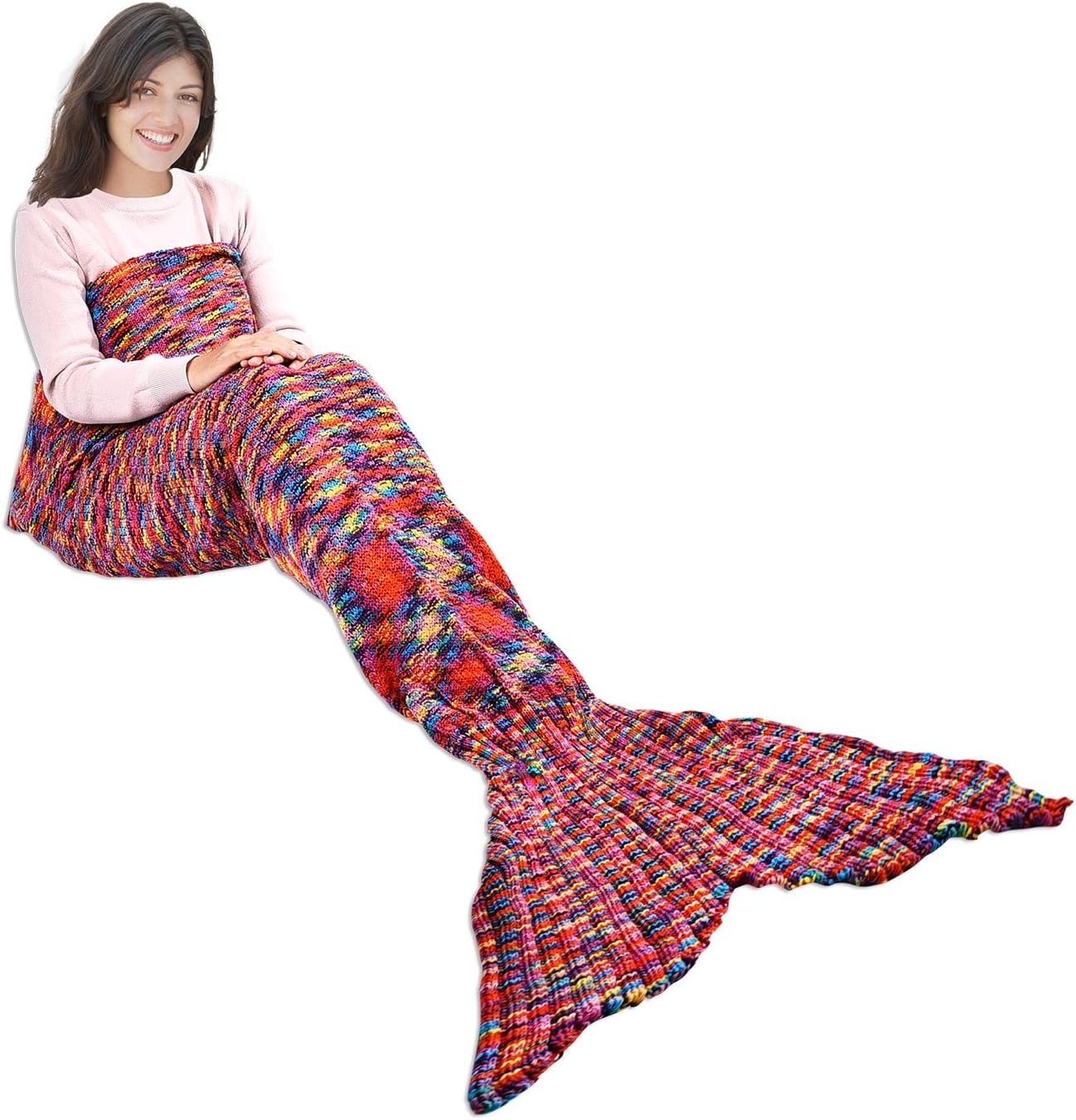 eCrazyBaby Wearable Mermaid Tail Blanket Crochet, All Seasons Warm Knitted Bed Blankets Sofa Living Room Quilt for Kids and Adults, Classic Pattern, 70.9" x 35.5" (180 x 90cm), Rainbow