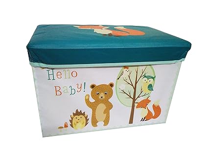 Sterling Foldable Ottoman Storage Box Cum Stool - White and Blue with Fox and Bear Pattern Foldable Stool