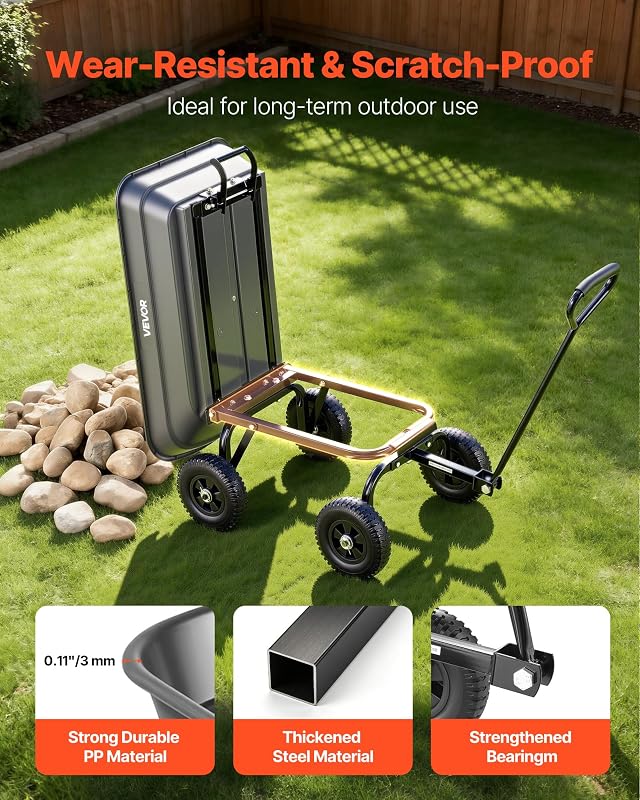 Carrinho de jardim com carga funcional inclinável de 181 kg, carrinho de jardim de polietileno com mecanismo de inclinação de 90°, rodas girais de 180°, rolamentos flexíveis de 270° para plantas