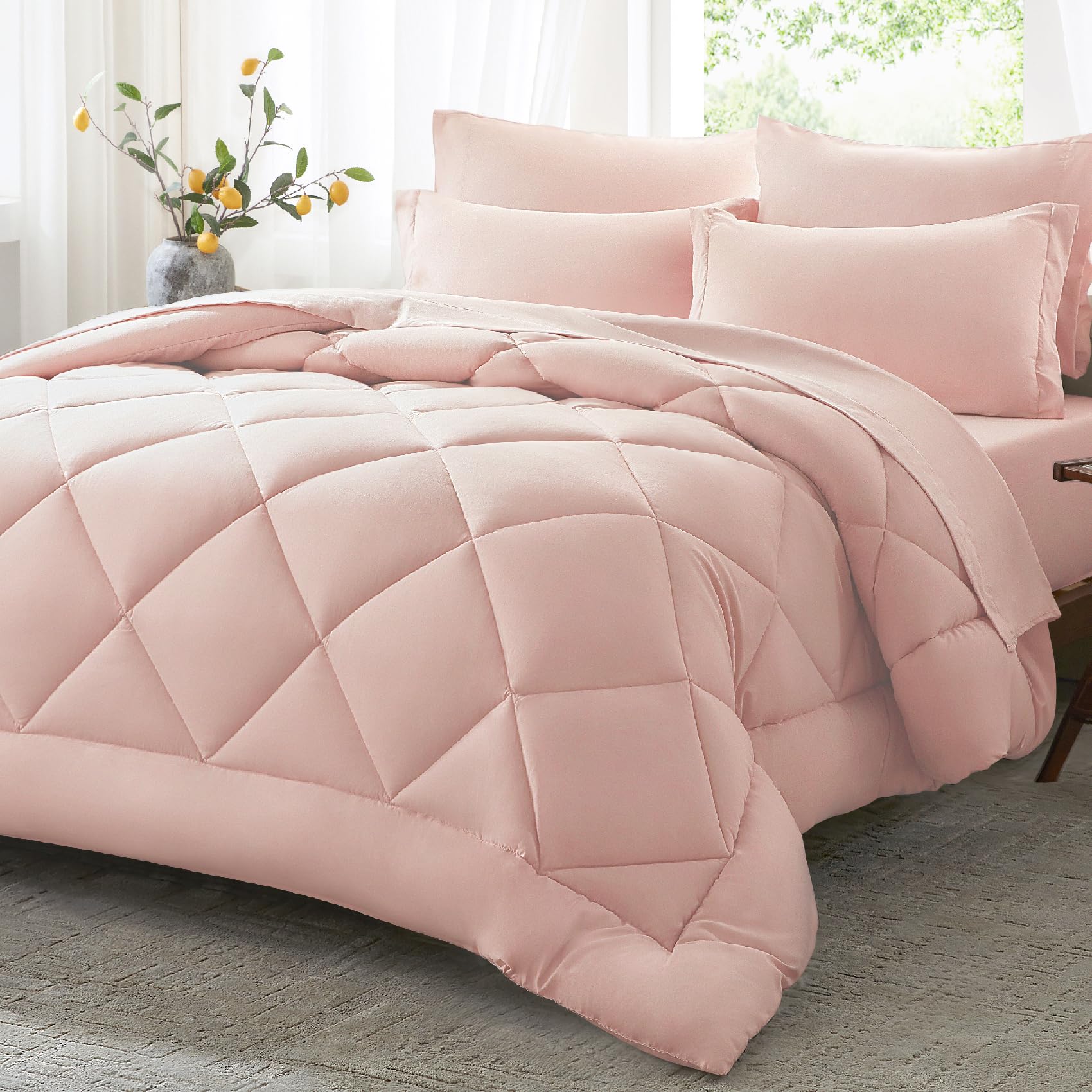 Anluoer Queen Comforter Set,Pink Bed in a Bag 7 Piece,Lightweight Bedding Set with Soft Down Alternative Fill,Bed Set Includes Comforter, Fitted Sheet, Flat Sheet,Pillowcases and Shams Image