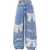 WDIRARA Girl's Bow Print Asymmetrical Waisted Baggy Jeans Ripped Wide Leg Denim Pants