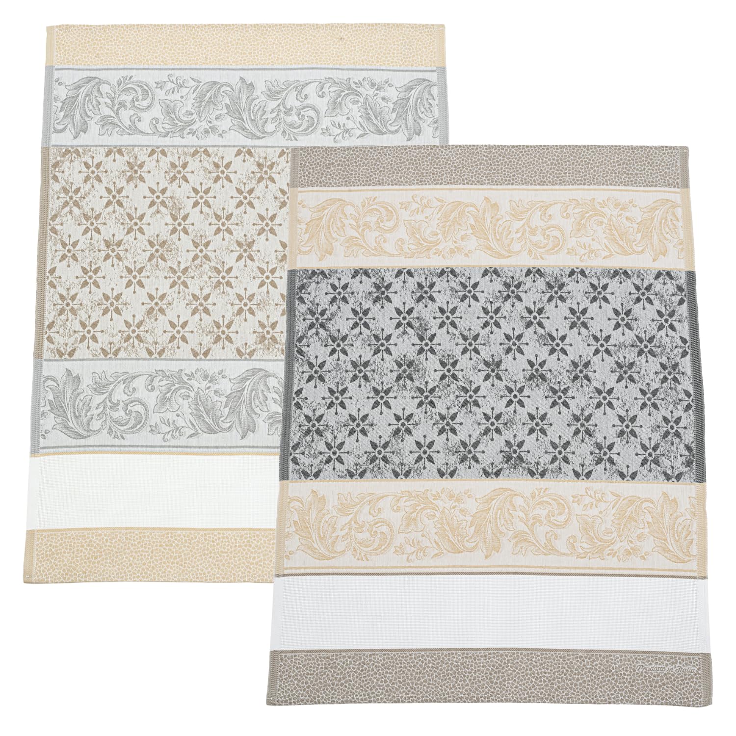 Filet - Set of 2 Jacquard Tea Towels for Kitchen with Aida Insert 55 Holes to Embroider, Ideal for Drying Dinnerware, Made in Italy, Arabesque Design, Black and Rope