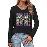 ELDPS Mardi Gras Shirts Women: Fat Tuesday Shirt Carnival Mask Graphic Tee New Orleans Party Long Sleeve V Neck Top