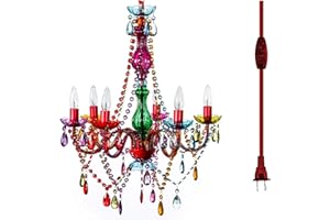GYPSY COLOR The Original Brink House Plug-in 6 Light Multicolor Hanging Swag Chandelier H26”xW22”, Red Metal Frame with Multicolor Glass Stem and Acrylic Crystals