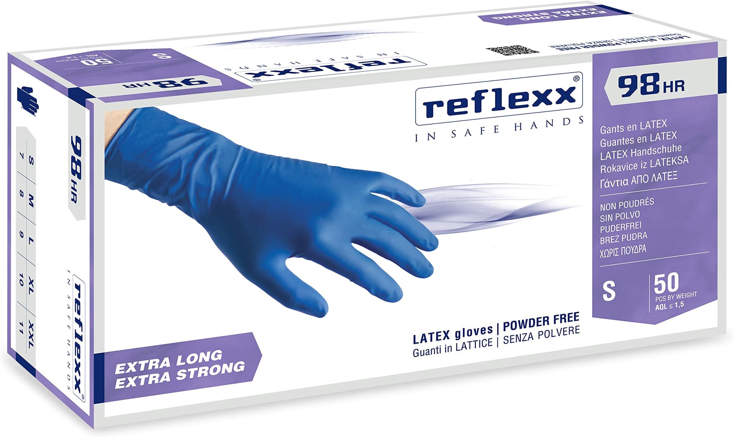 Reflexx R98/XL 98HR PF latex gloves, gr18, 5 Size X-Large, Blue (Pack of 50)