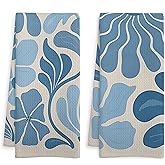WOTYPU Abstract Boho Blue Floral Kitchen Towels, 70s Retro Groovy Boho Botanical Dish Tea Towels, Mid Century Modern Blue Flower Decorative Hand Towel for Bathroom, 16x24 Inch Set of 2