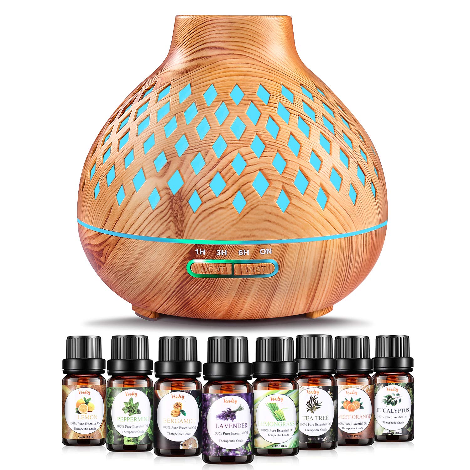 Essential Oil Diffuser with Oils, VSADEY 400ml Aromatherapy Diffuser with 8 Essential Oils Set, Diffusers for Essential Oils with 4 Timer & 7 Ambient Light Settings, Auto Shut-Off : Beauty