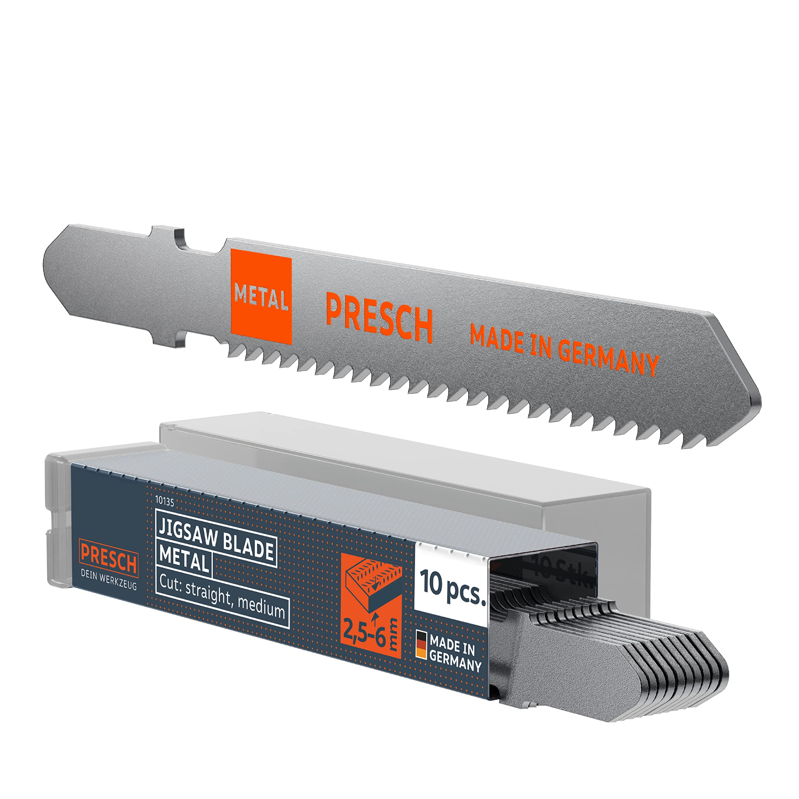 Presch Jigsaw Blades Metal 10 pcs. - Precise Sawing in Medium-Thickness Sheets (2.5-6mm) - Durable T-Shaft Saw Edges for All jigsaws - Saw Edges for Aluminium, Non-Ferrous Metals and Many More — image 1