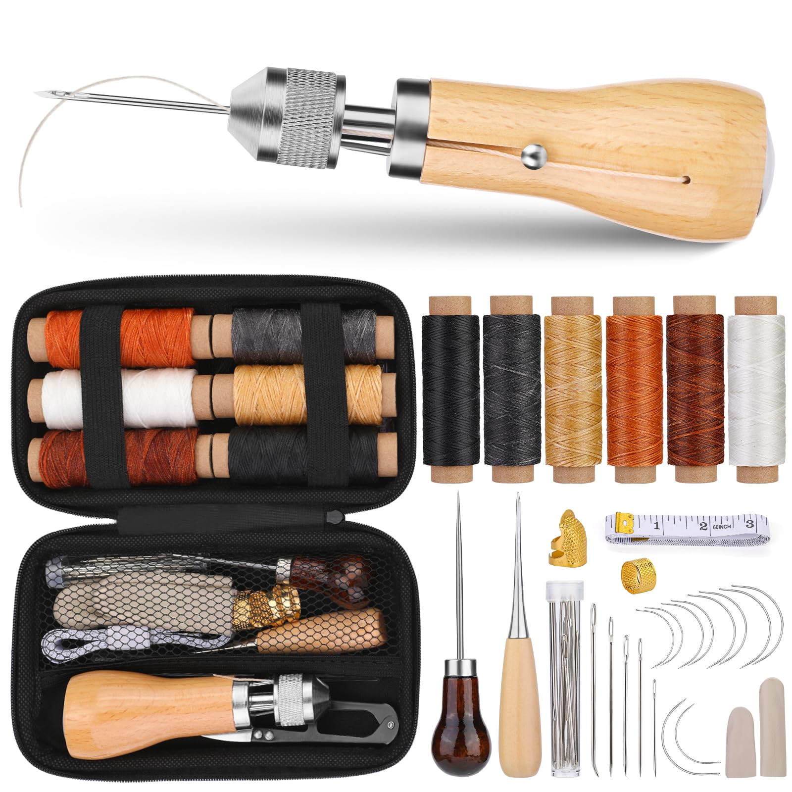 40pcs Sewing Awl Kit, Portable Awl Tool with Instructions, Leather Awl Sewing Punch with Bag, Leather Sewing Waxed Thread Kit for DIY Repair Craft
