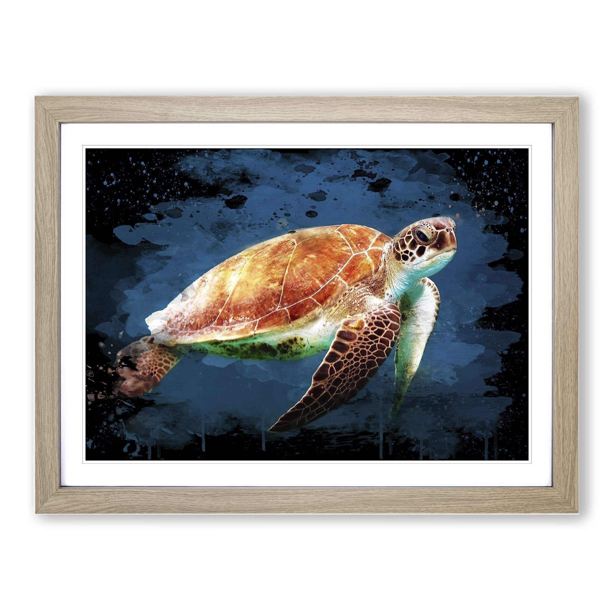 Sea Turtle 3 Modern CB Framed Wall Art Print, Ready to Hang Picture for Living Room Bedroom Home Office Décor, Oak A4 (34 x 25 cm)