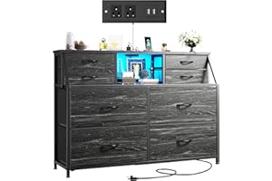 Romorgniz Dresser for Bedroom with Charging Station and LED, Sturdy Chest of Drawers with 8 Drawers and Two Open Shelves for Storage,Bedroom, Living Room,Hallway (Black)