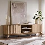 OKD 70" Mid Century Modern Fluted TV Stand, Entertainment Center, Sideboard, Media Console for Living Room with 2 Soft Close Door/Adjustable Shelves (Natural Oak)