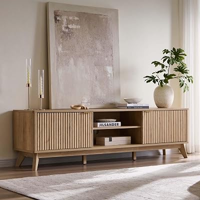 OKD 70" Mid Century Modern Fluted TV Stand, Entertainment Center, Sideboard, Media Console for Living Room with 2 Soft Close Door/Adjustable Shelves (Natural Oak)
