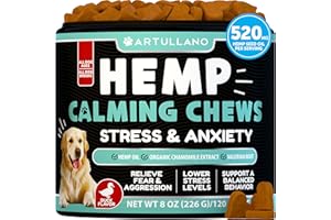 ARTULLANO Hemp Calming Chews for Dogs - Dog Calming Chews - Dog Anxiety Relief Treats with Hemp Oil, Turmeric, Valerian, Ginger - Health and Wellness Supplements for Dogs - Hip and Joint Support - 120 Treats