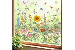 decalmile Spring Summer Vintage Wildflower Double Sided Window Clings Garden Flower Butterfly Birds Anti-Collision Glass Door