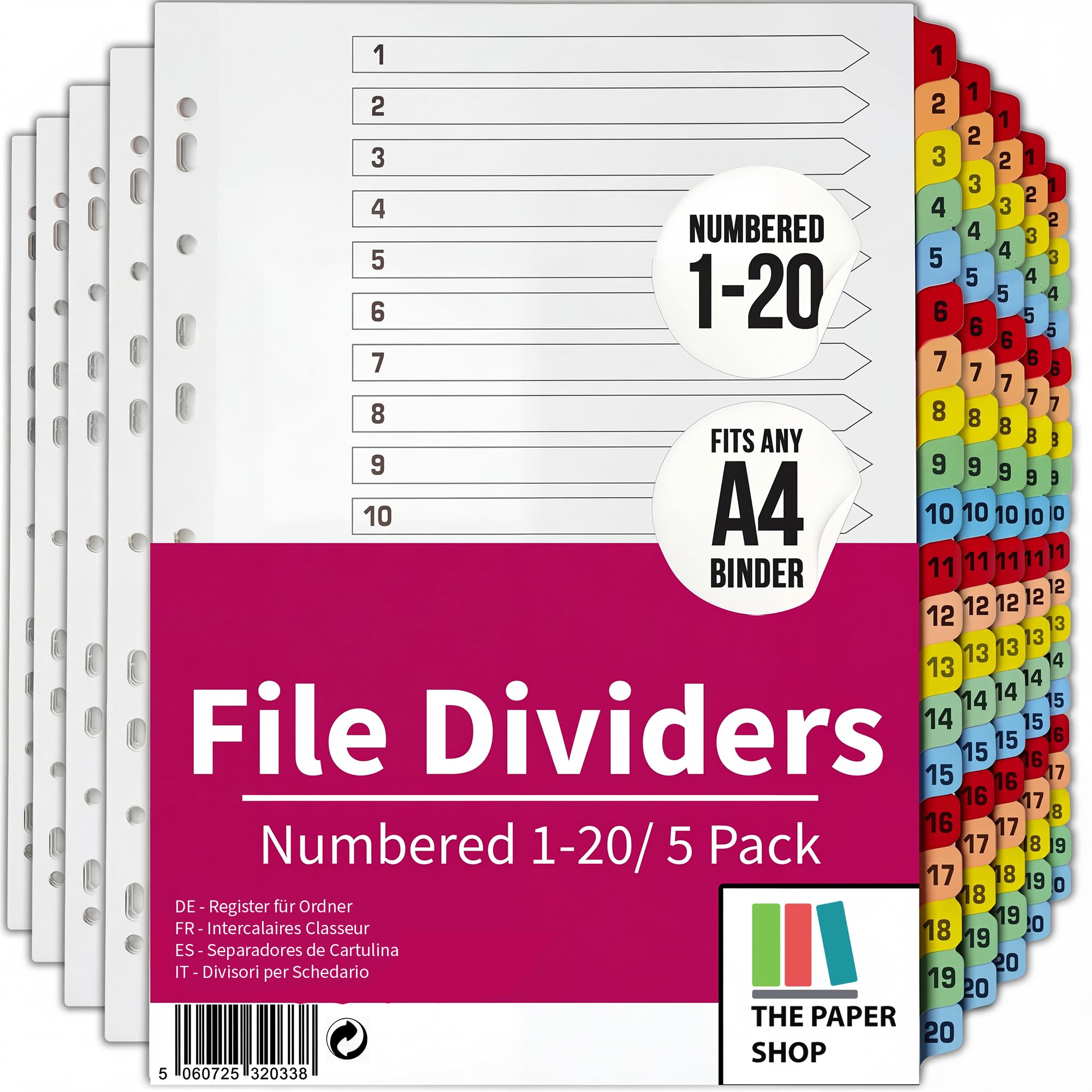 [5 Pack] A4 File Dividers 20 Part Numbered 1-20 | A4 Subject Dividers 20 Part Numbered 1-20 with Multipunched Reinforced Colour Tabs 150gsm