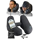 FLOWZOOM Air Inflatable Neck Pillow for Traveling on Plane - H-Shape Hooded Airplane Pillow with 5 Snooze Modes, Fast Inflation, Pressure Control, Cozy Clip-On Hood & Plushy Cover - Size L, Jet Black