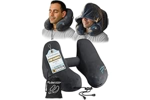 FLOWZOOM Air Inflatable Neck Pillow for Traveling on Plane - H-Shape Hooded Airplane Pillow with 5 Snooze Modes, Fast Inflation, Pressure Control, Cozy Clip-On Hood & Plushy Cover - Size L, Jet Black