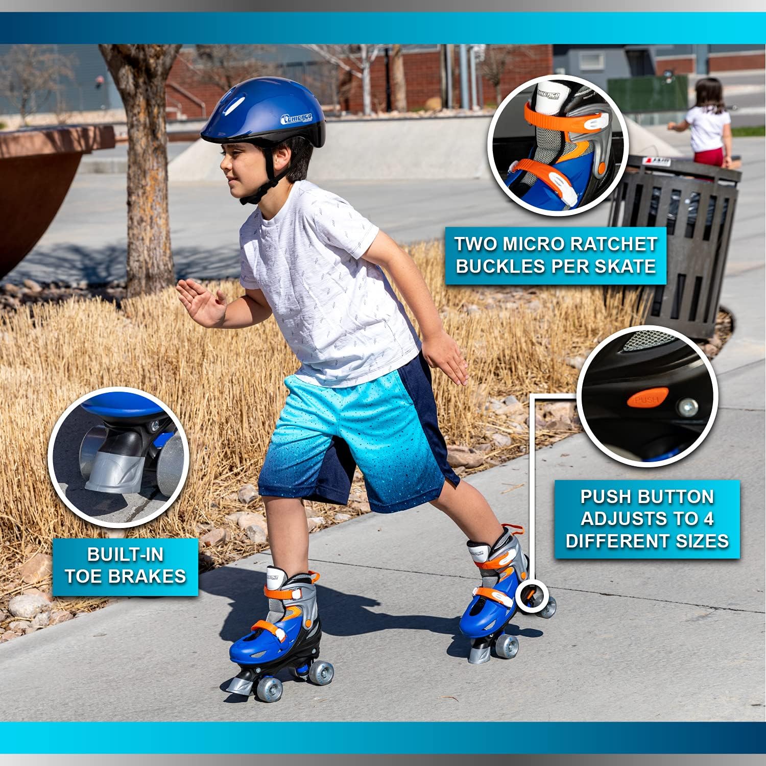 Chicago Boy's Adjustable Quad Roller Skate, Blue/Silver, Medium : Sports & Outdoors