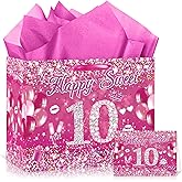 Large Sweet 10th Birthday Gift Bag for Girls Hot Pink Double Digits Gift Bag with 10th Birthday Wrapping Paper and Card Glitter Pink Out Single Digits I'm 10 Party Decor for Girls 10 Year Old Bday