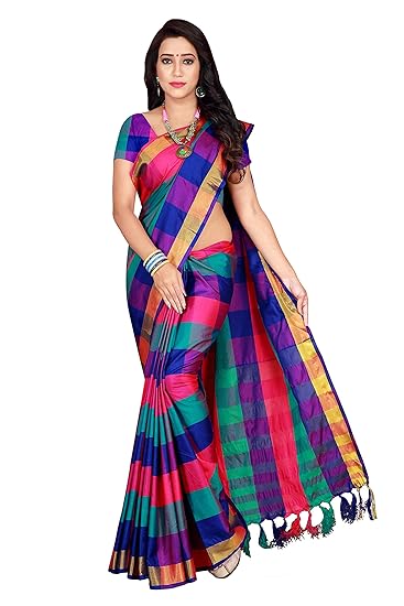 Women's Cotton Blend Saree With Unstitched Blouse Piece