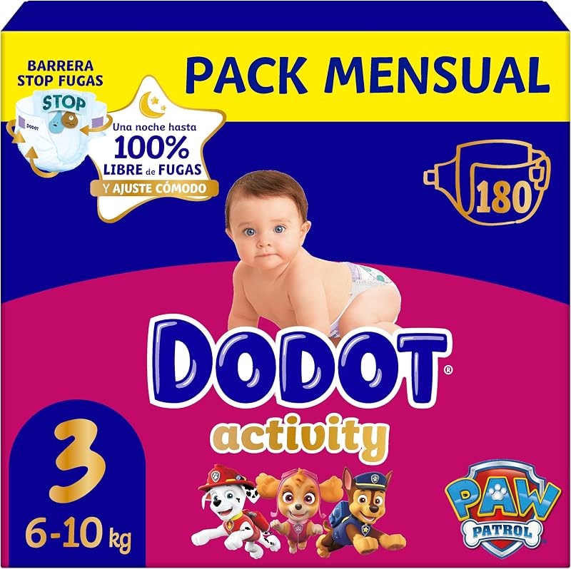 Pañales Bebé Activity, Talla 3 (6-10 kg),180 Pañales, Hasta 12h de Protección Antifugas y Ajuste, Pack Mensual