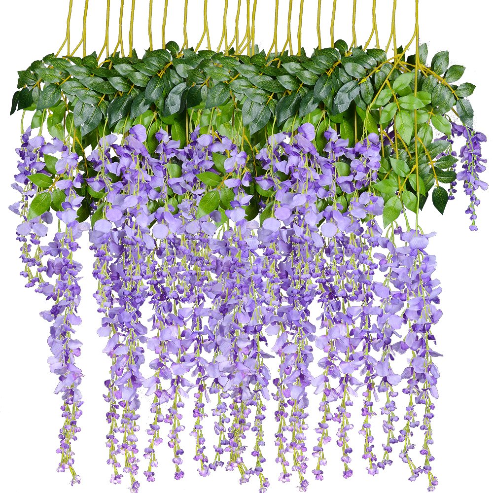Photo 1 of DearHouse 12 Pack 3.6 Feet Artificial Fake Wisteria Vine Ratta Hanging Garland Silk Flowers String Home Party Wedding Decor (Purple 2)