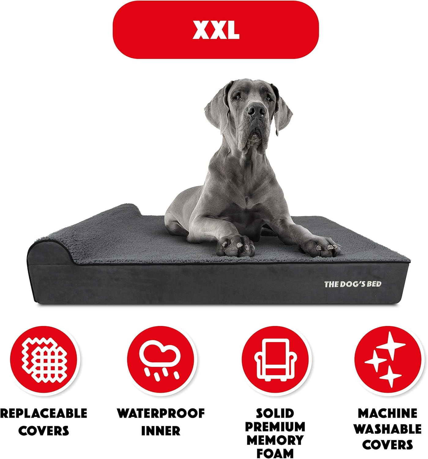 The Dog’s Bed - Orthopaedic Memory Foam Bed with Headrest, Grey Plush, XXL, 15cm, 137 x 91 x 10 cm (L x W x H) - Image 5