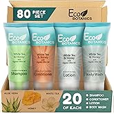Travel Size Hotel Toiletry Set 80 Count 0.85 oz Bottles Guest Amenities for Vacation Rentals and Short Term Rentals Paraben Free White Tea Scent Infused with Aloe and Olive Oil by Eco Botanics