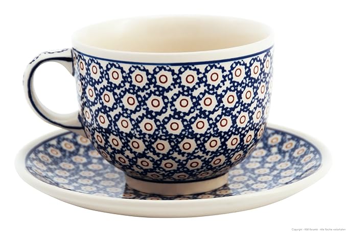 große Bunzlauer Keramik Cappuccinotasse 500ml im Retro-Dekor 4 - Milchkaffeetasse Becher