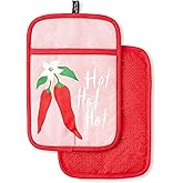 Kate Spade New York Hot Hot Hot Peppers Pot Holder 2-Pack Set, Heat Resistant, 100% Cotton, Red/Pink, 7"x10"