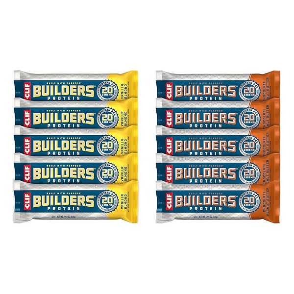 CLIF BUILDERS – CHOCOLATE PEANUT BUTTER AND VANILLA ALMOND FLAVOR – VARIETY PACK – PLANT BASED PROTEIN BARS – GLUTEN FREE – NON-GMO – LOW GLYCEMIC – 20G PROTEIN – 2.4 OZ. (10 COUNT)
