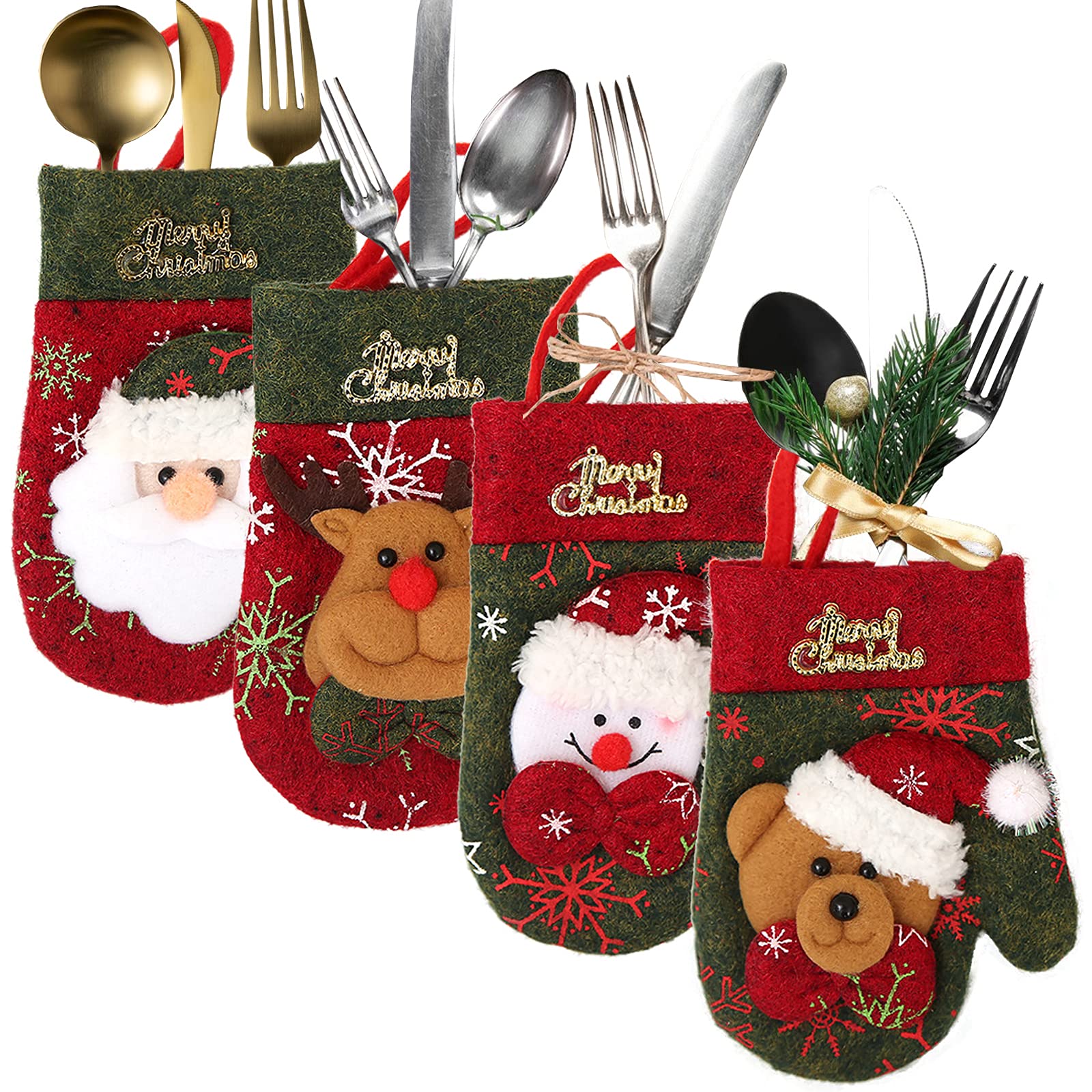 Hileyu 4 Pieces Christmas Silverware Holders Christmas Cutlery Bags Table Decoration Xmas Dinner Knife Fork Tableware Pockets 5.5in Christmas Dinner Flatware Bag for Xmas Tree,Home,Table Decor